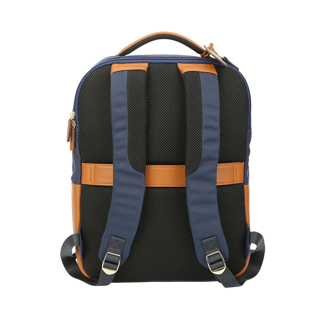 Nylon & Leather Laptop Backpack – Navy with Brown Trim (16") MiamiLeathers.com