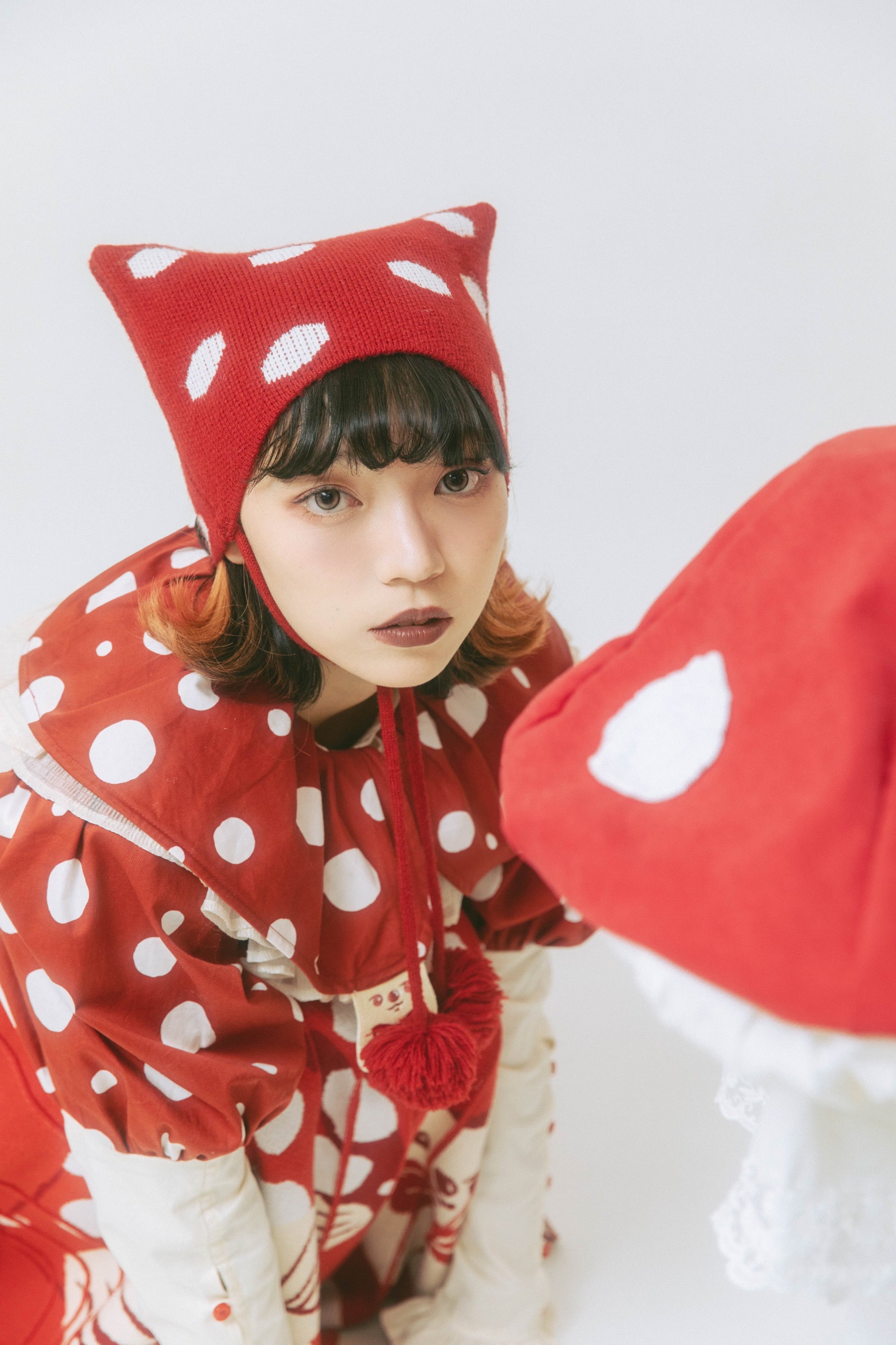 Red Polka Dot Pom Pom Hat - Wolvess
