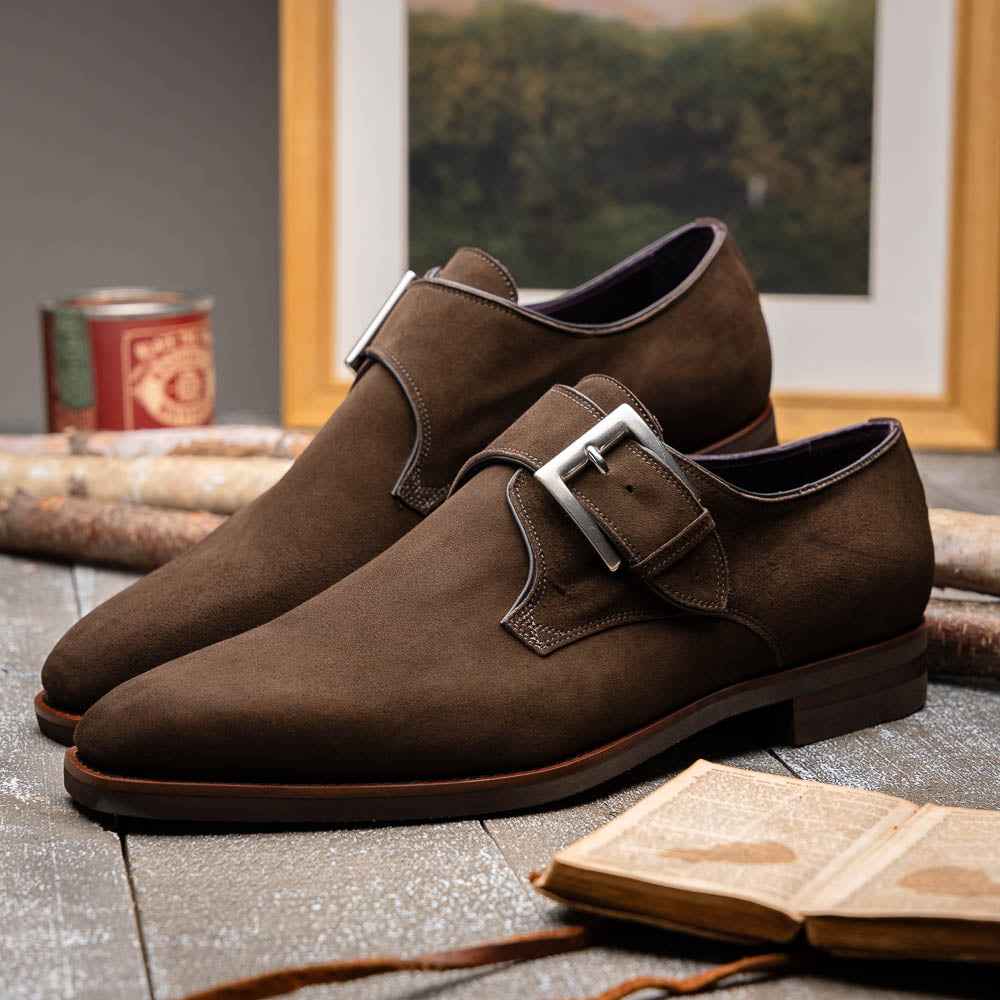 56-110-DBR Hebilla Monk Strap Italian Suede Calfskin Dark Brown Zelli Italia