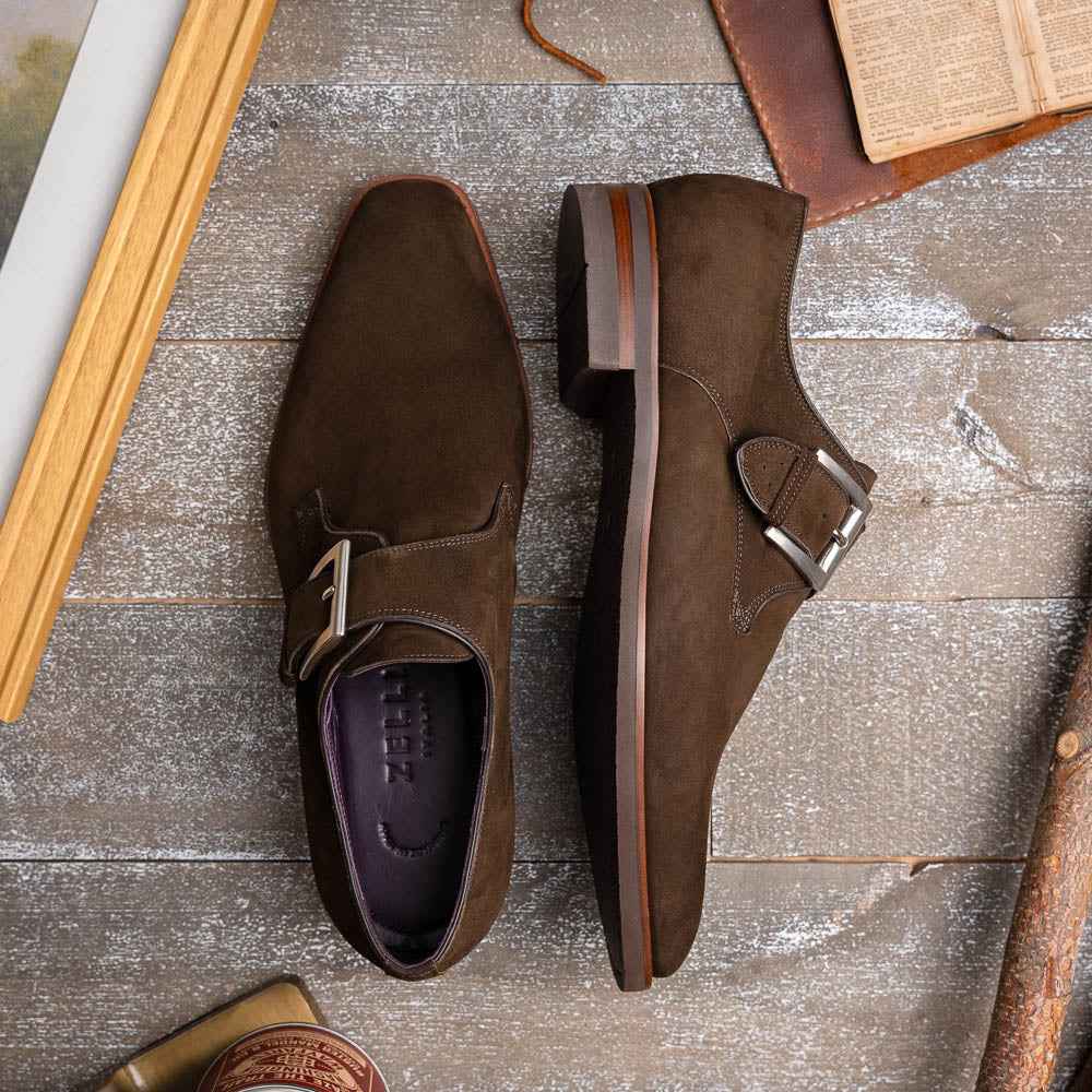 56-110-DBR Hebilla Monk Strap Italian Suede Calfskin Dark Brown Zelli Italia