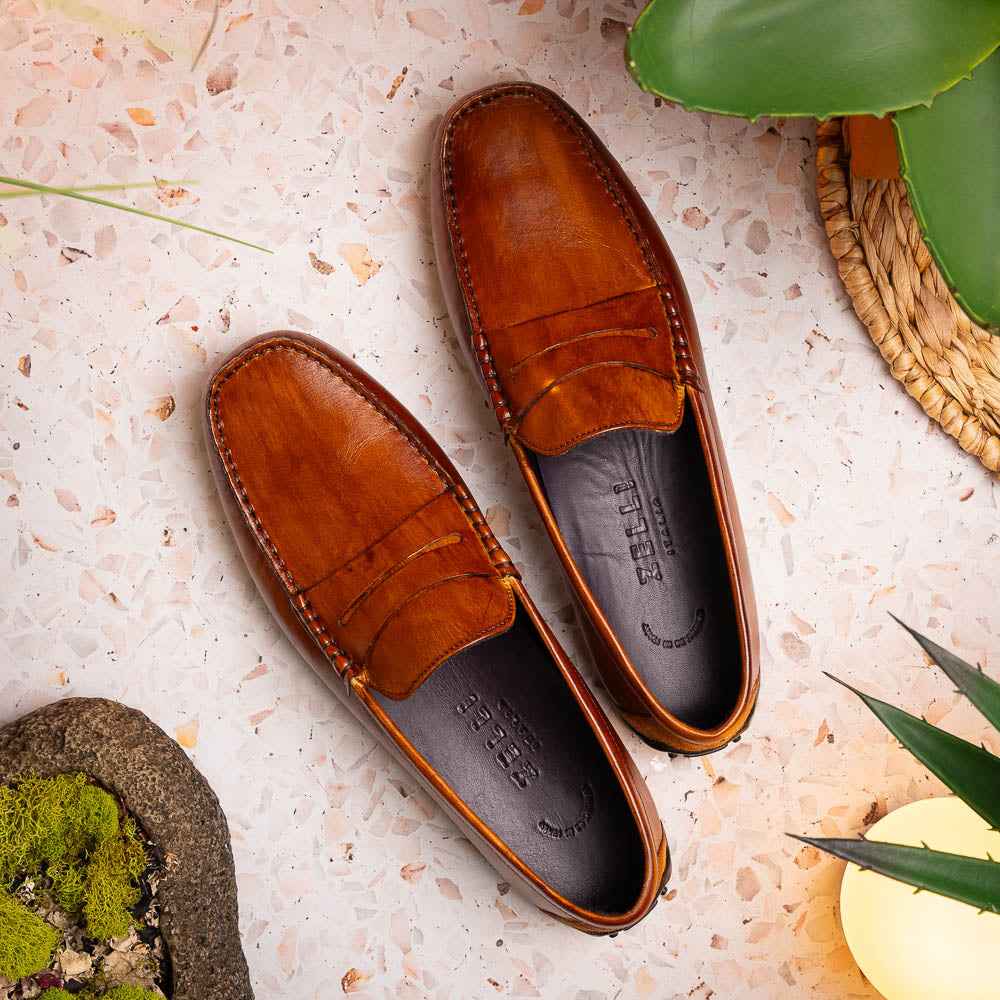 35-115-CGN MONZA Hand Burnished Italian Calfskin Driving Loafers Cognac Zelli Italia