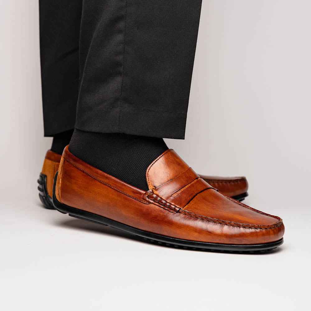 35-115-CGN MONZA Hand Burnished Italian Calfskin Driving Loafers Cognac Zelli Italia