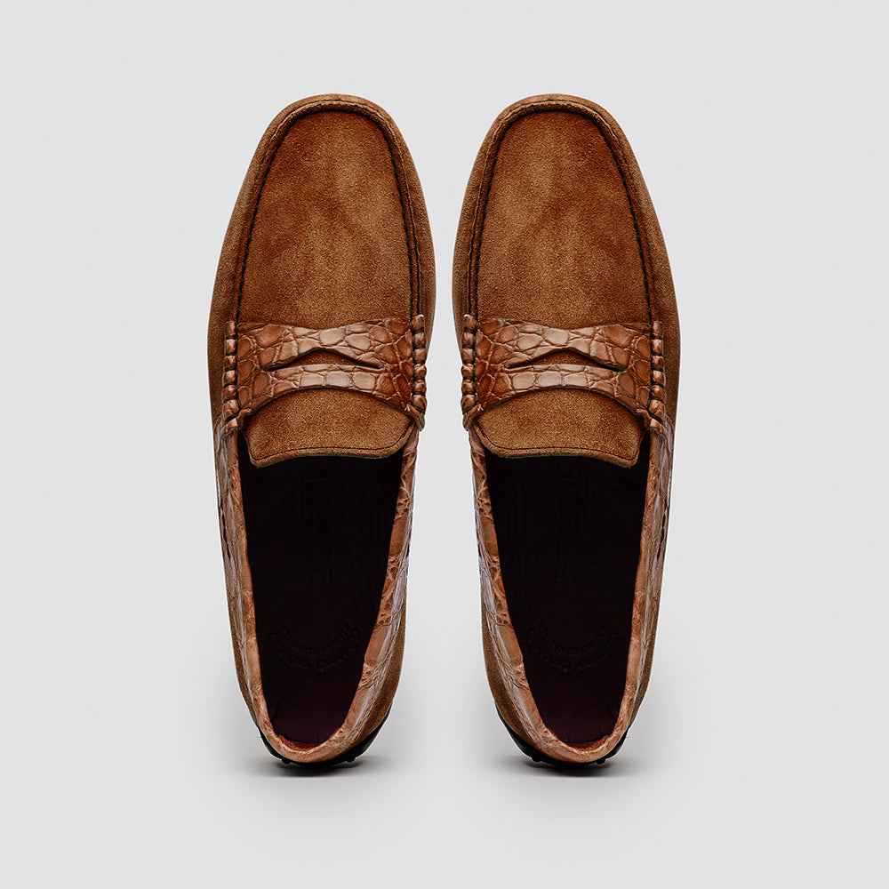 31-160-CGN MONZA Sueded Calfskin with Crocodile Driver, Cognac Zelli Italia