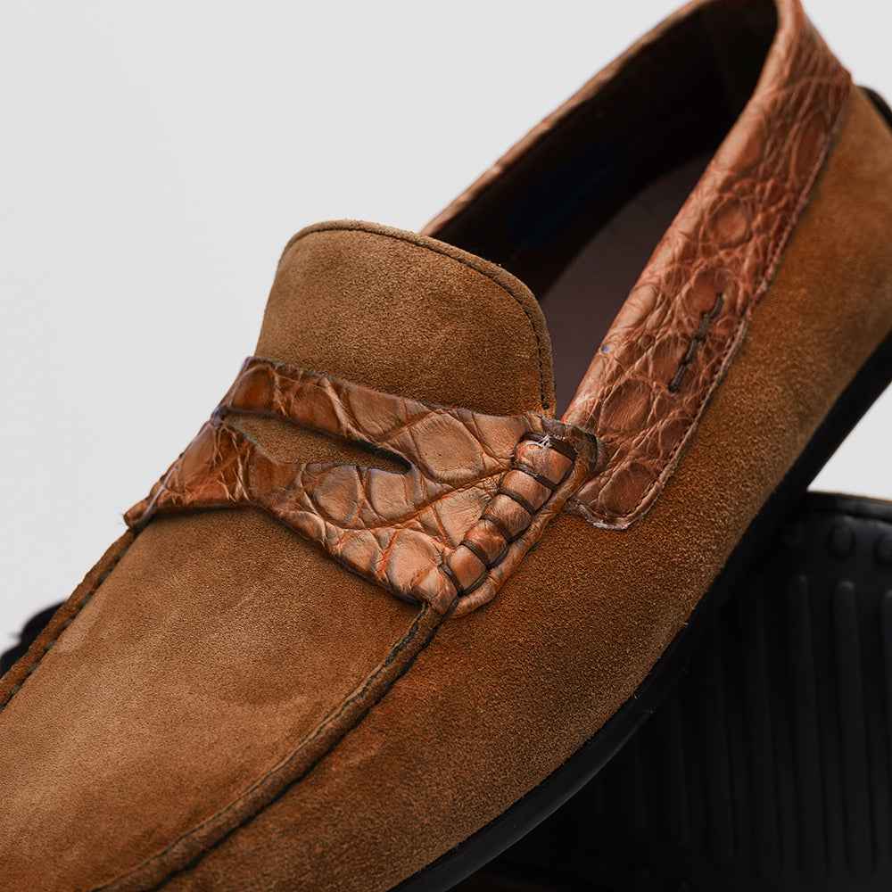 31-160-CGN MONZA Sueded Calfskin with Crocodile Driver, Cognac Zelli Italia