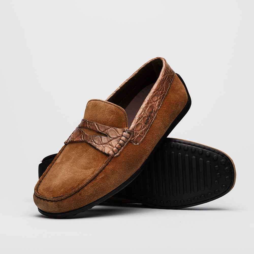 31-160-CGN MONZA Sueded Calfskin with Crocodile Driver, Cognac Zelli Italia