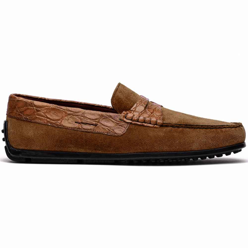 31-160-CGN MONZA Sueded Calfskin with Crocodile Driver, Cognac Zelli Italia