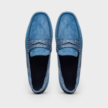 31-160-DNM MONZA Sueded Calfskin with Crocodile Driver Denim