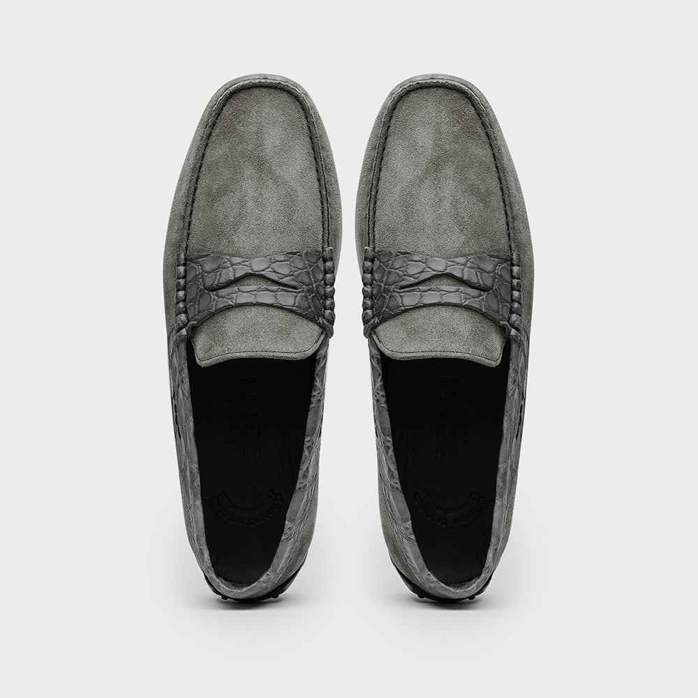 31-160-GRY MONZA Sueded Calfskin with Crocodile Driver, Grey Zelli Italia