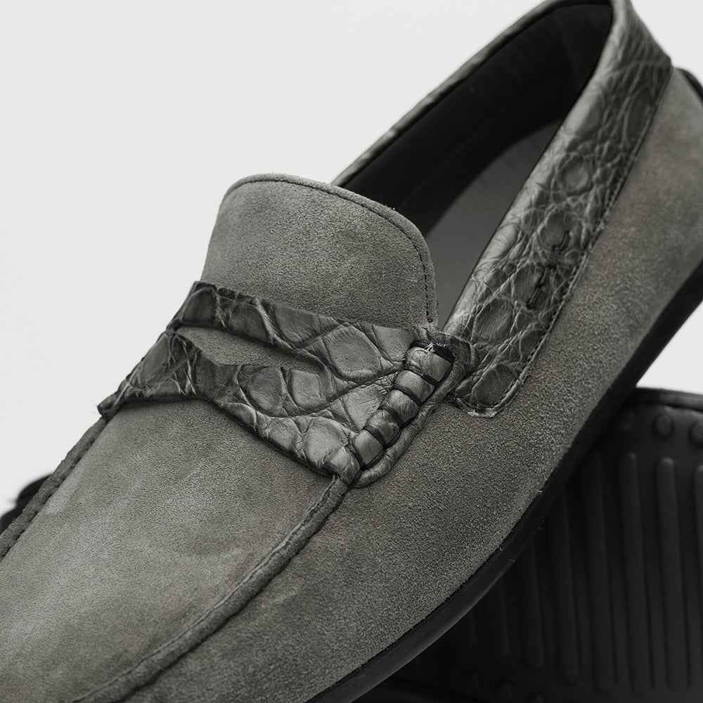 31-160-GRY MONZA Sueded Calfskin with Crocodile Driver, Grey Zelli Italia