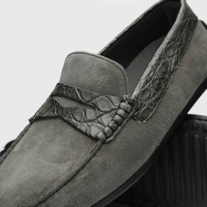 31-160-GRY MONZA Sueded Calfskin with Crocodile Driver, Grey Zelli Italia