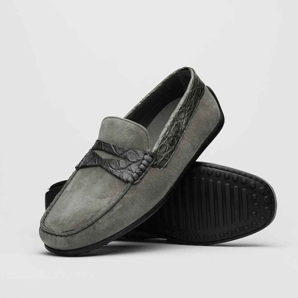 31-160-GRY MONZA Sueded Calfskin with Crocodile Driver, Grey Zelli Italia