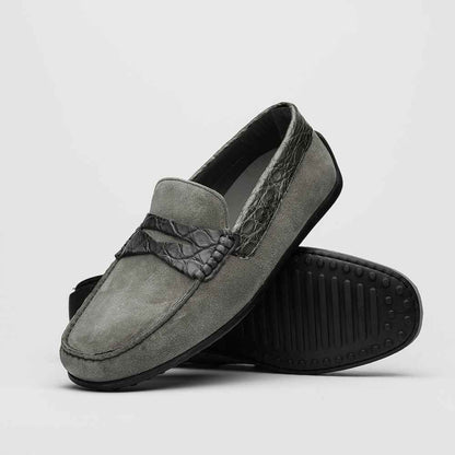31-160-GRY MONZA Sueded Calfskin with Crocodile Driver, Grey Zelli Italia