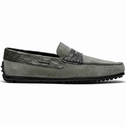 31-160-GRY MONZA Sueded Calfskin with Crocodile Driver, Grey Zelli Italia