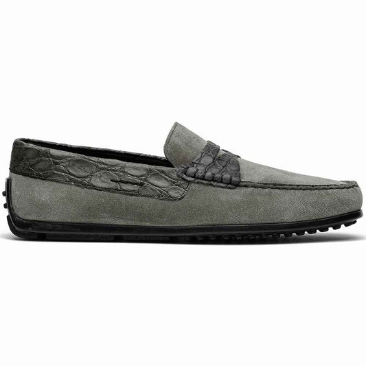31-160-GRY MONZA Sueded Calfskin with Crocodile Driver, Grey Zelli Italia