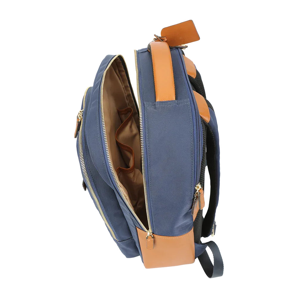 Nylon & Leather Laptop Backpack – Navy with Brown Trim (16") MiamiLeathers.com