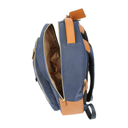 Nylon & Leather Laptop Backpack – Navy with Brown Trim (16") MiamiLeathers.com