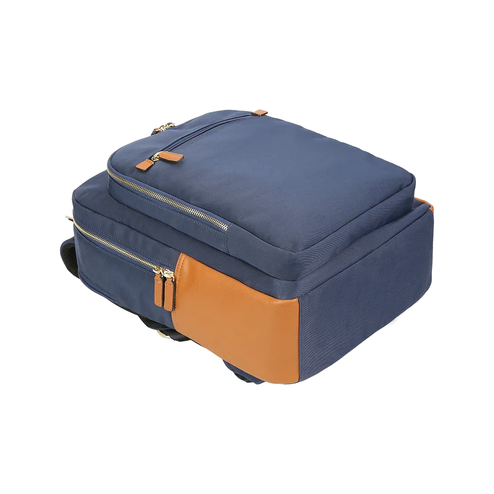 Nylon & Leather Laptop Backpack – Navy with Brown Trim (16") MiamiLeathers.com