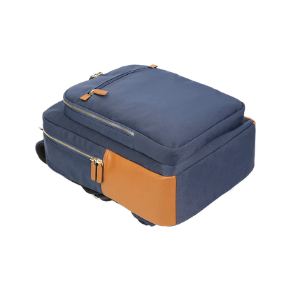 Nylon & Leather Laptop Backpack – Navy with Brown Trim (16") MiamiLeathers.com