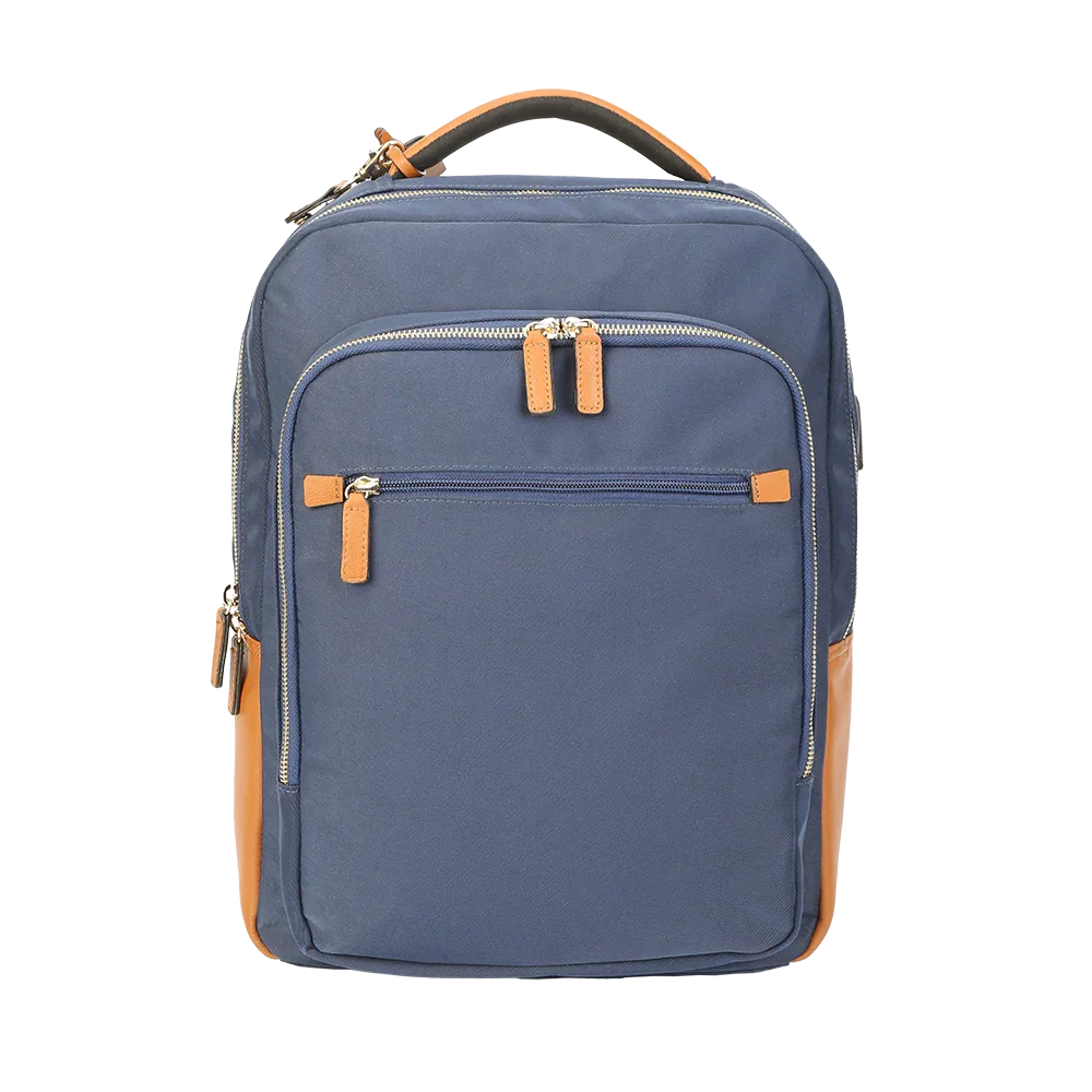 Nylon & Leather Laptop Backpack – Navy with Brown Trim (16") MiamiLeathers.com