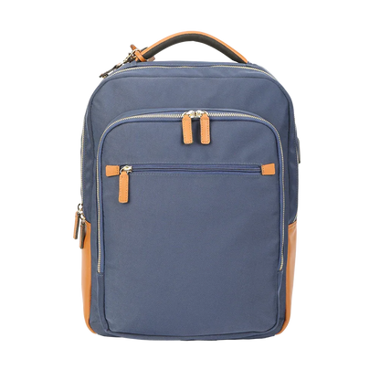 Nylon & Leather Laptop Backpack – Navy with Brown Trim (16") MiamiLeathers.com
