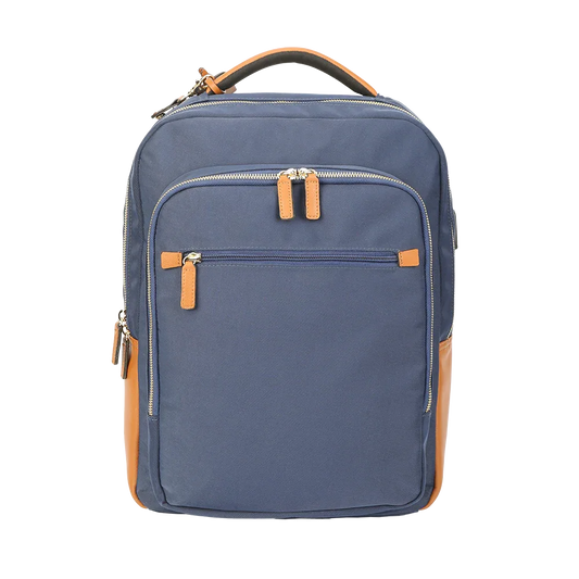 Nylon & Leather Laptop Backpack – Navy with Brown Trim (16") MiamiLeathers.com