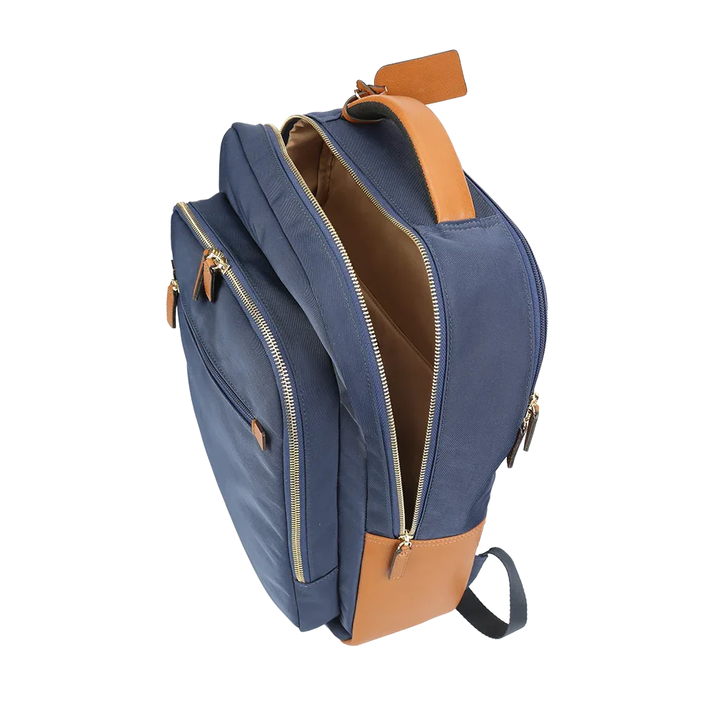 Nylon & Leather Laptop Backpack – Navy with Brown Trim (16") MiamiLeathers.com
