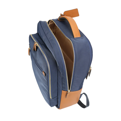 Nylon & Leather Laptop Backpack – Navy with Brown Trim (16") MiamiLeathers.com