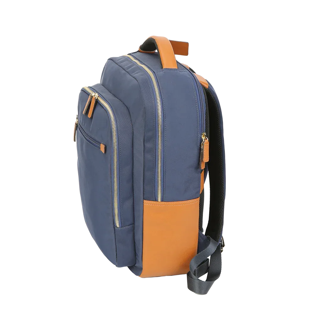 Nylon & Leather Laptop Backpack – Navy with Brown Trim (16") MiamiLeathers.com