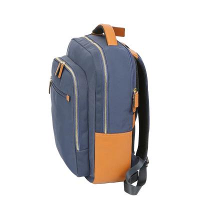 Nylon & Leather Laptop Backpack – Navy with Brown Trim (16") MiamiLeathers.com