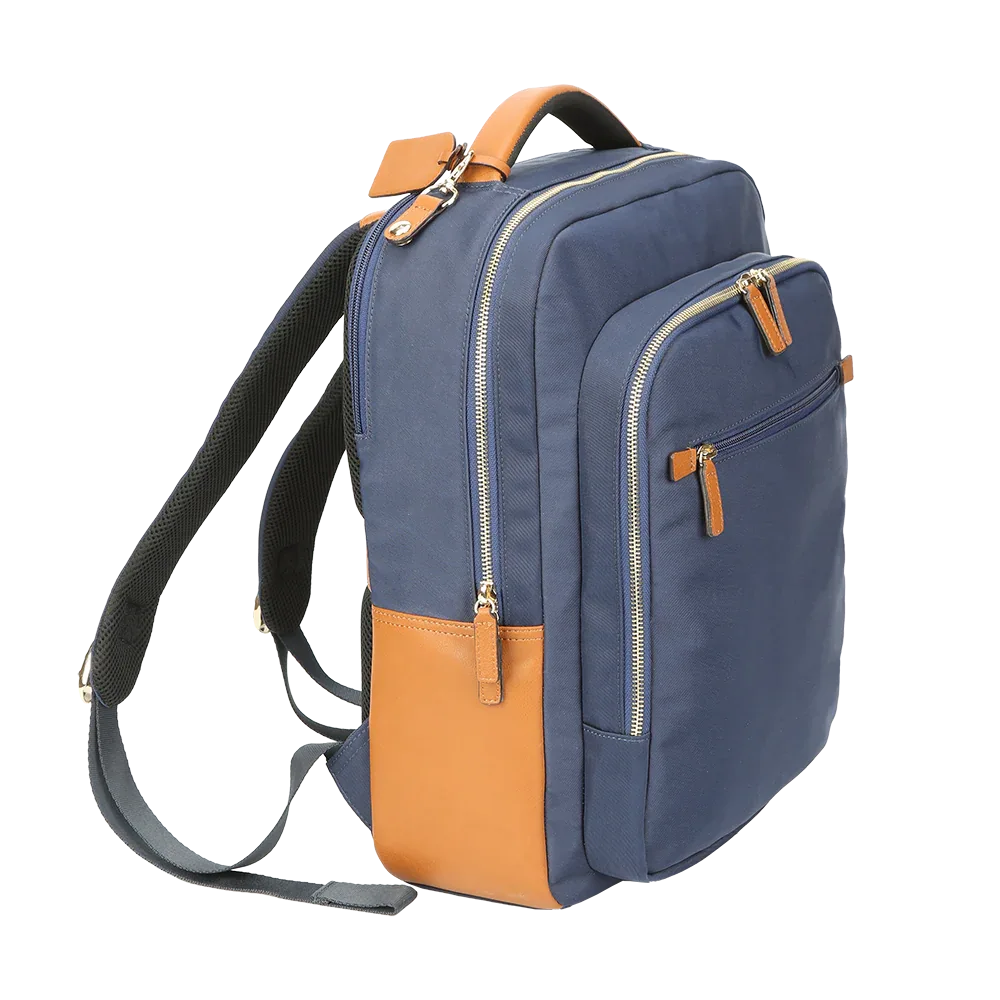Nylon & Leather Laptop Backpack – Navy with Brown Trim (16") MiamiLeathers.com