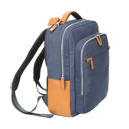 Nylon & Leather Laptop Backpack – Navy with Brown Trim (16") MiamiLeathers.com