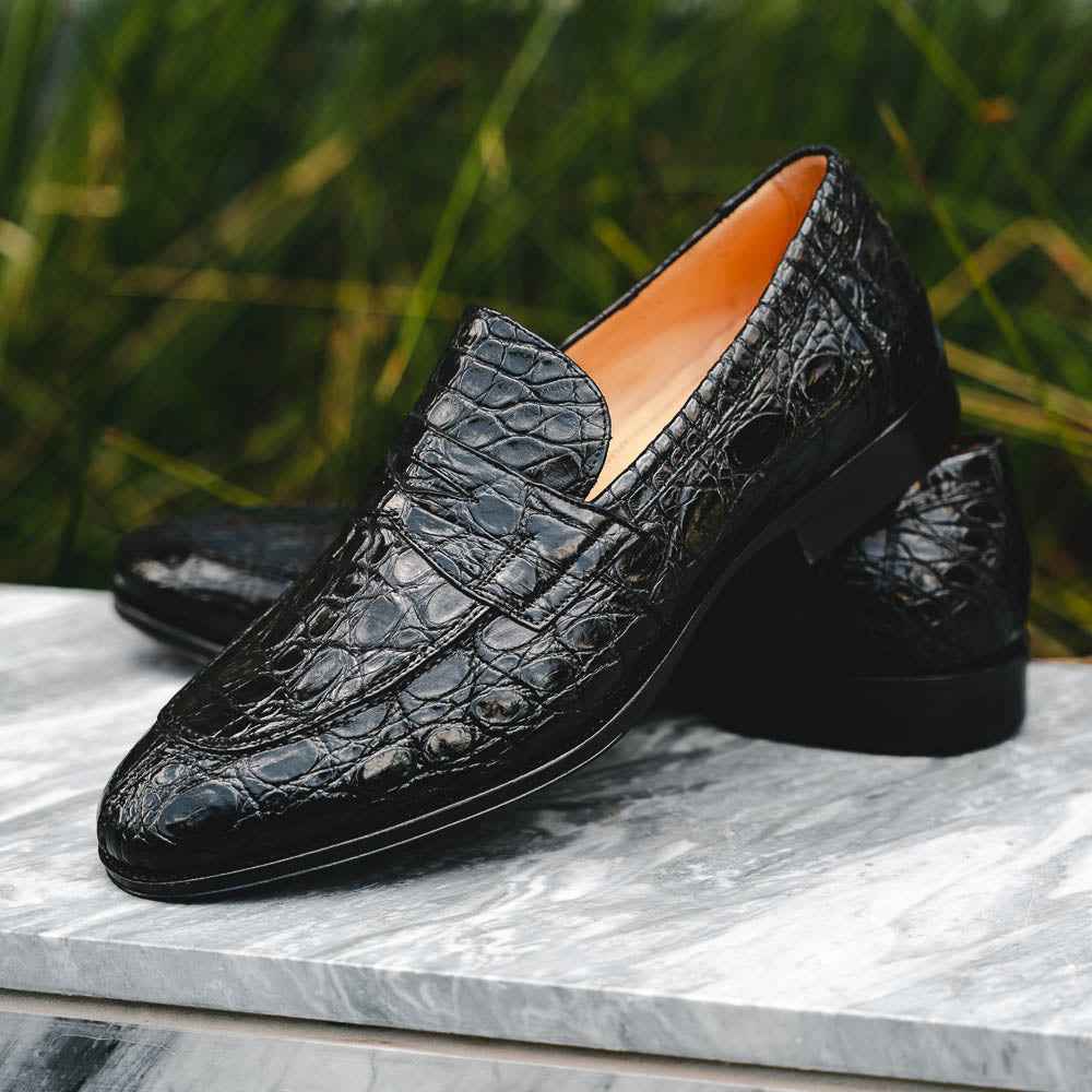 11-201-BKM ROMA Crocodile Penny Loafer, Black Zelli Italia