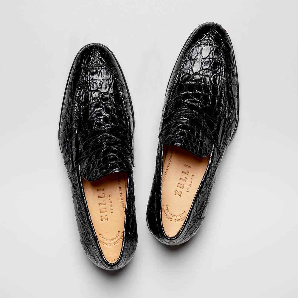 11-201-BKM ROMA Crocodile Penny Loafer, Black Zelli Italia