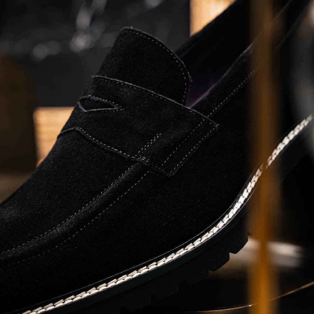 16-657-BLK ROMA Italian Suede Penny Loafers Black