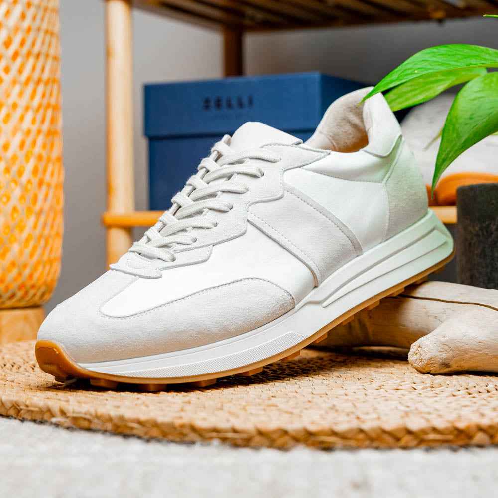 66-265-WHT ROXI Suede & Calfskin Sneaker, White Zelli Italia