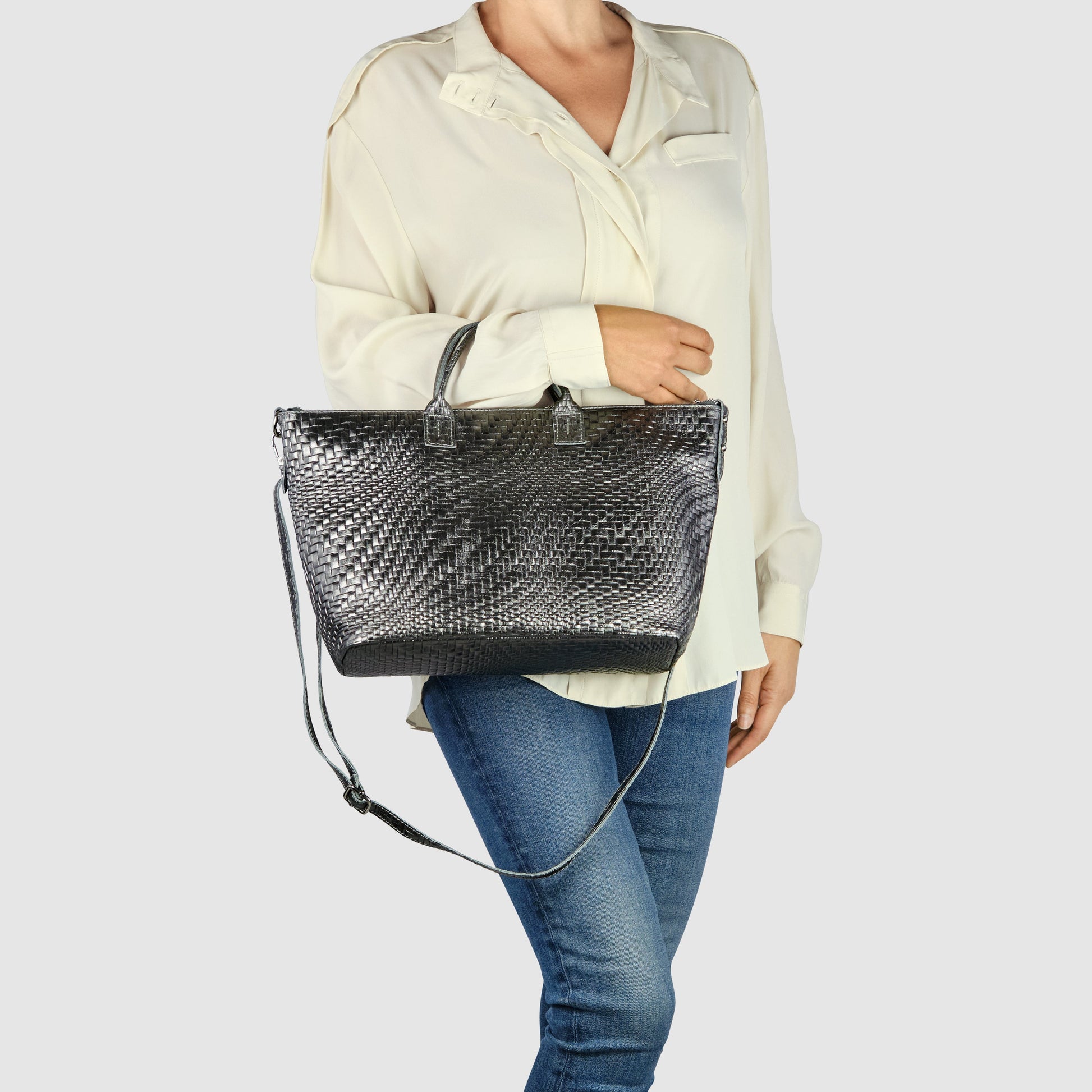 Italian Genuine Grid Metallic Suede Top-Handle Bag 112334 TAKEASY