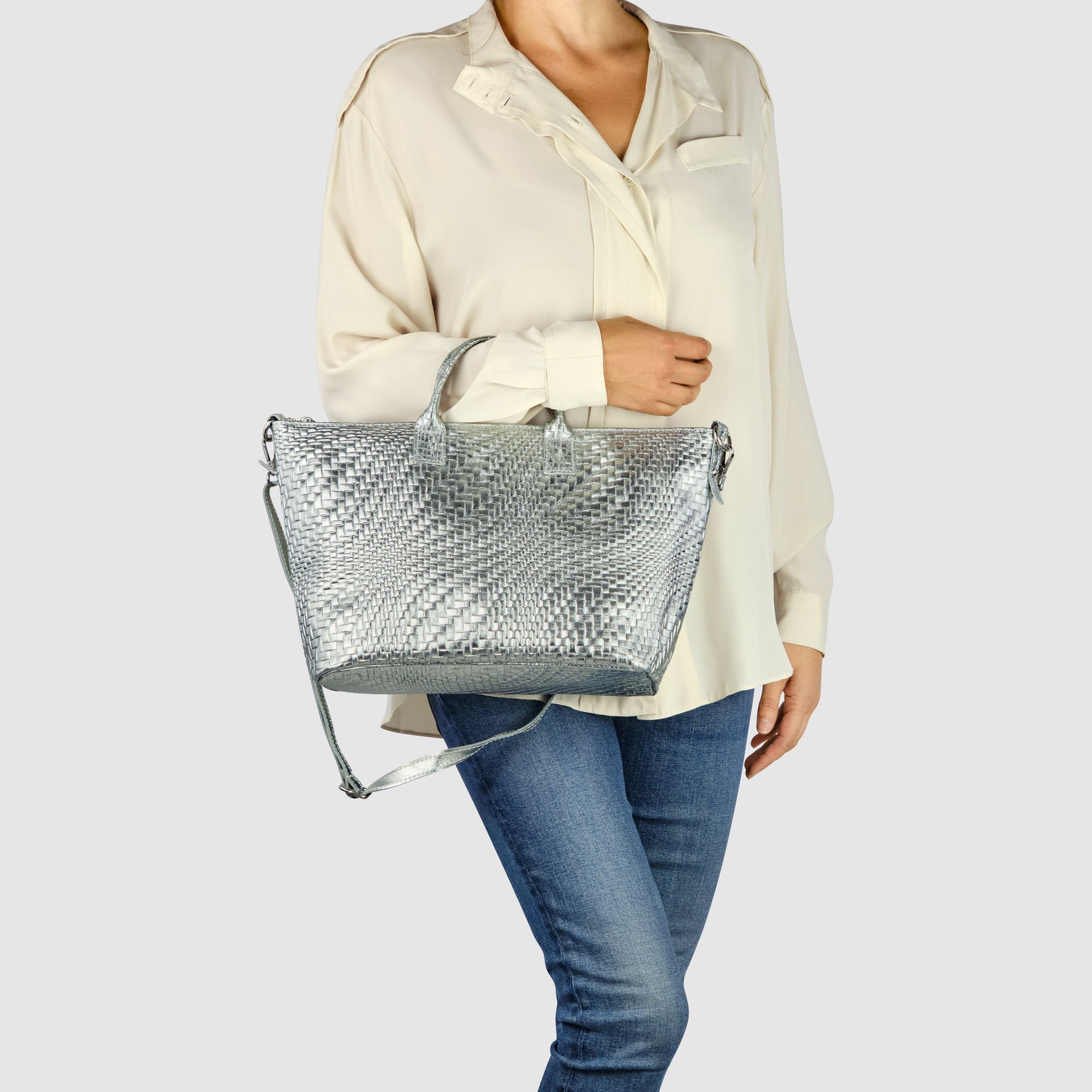 Italian Genuine Grid Metallic Suede Top-Handle Bag 112334 TAKEASY