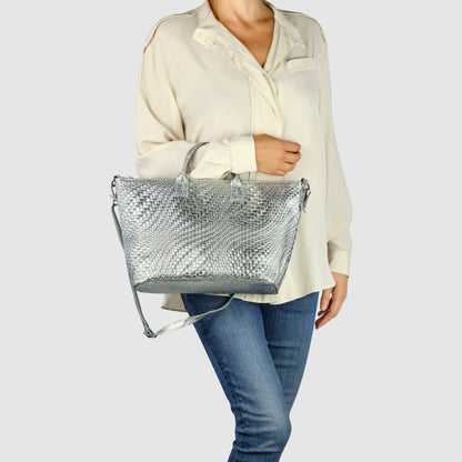 Italian Genuine Grid Metallic Suede Top-Handle Bag 112334 TAKEASY