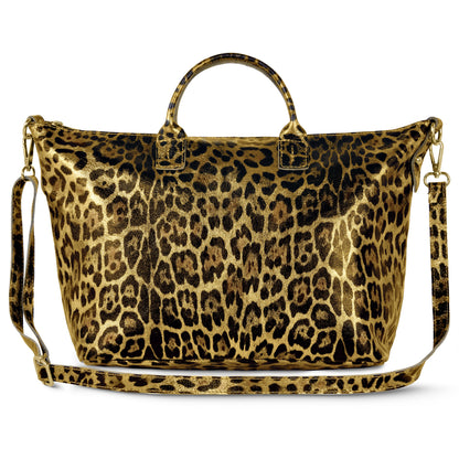 Italian Genuine Leopard-Print Metallic Suede Top-Handle Bag 112334 TAKEASY