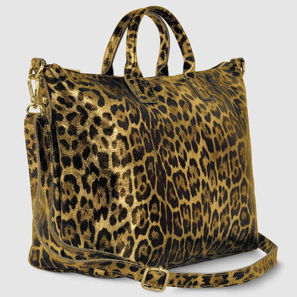 Italian Genuine Leopard-Print Metallic Suede Top-Handle Bag 112334 TAKEASY