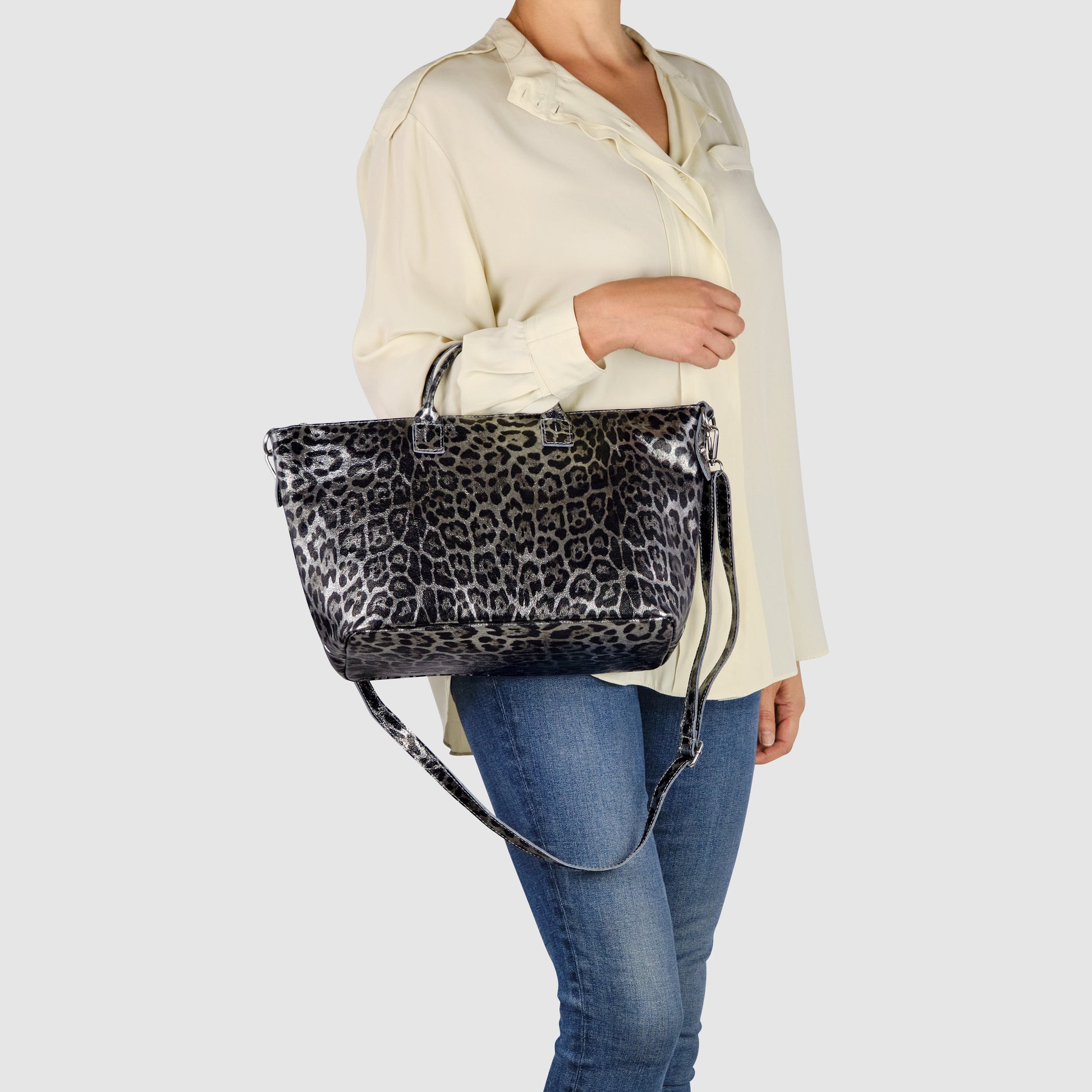 Italian Genuine Leopard-Print Metallic Suede Top-Handle Bag 112334 TAKEASY