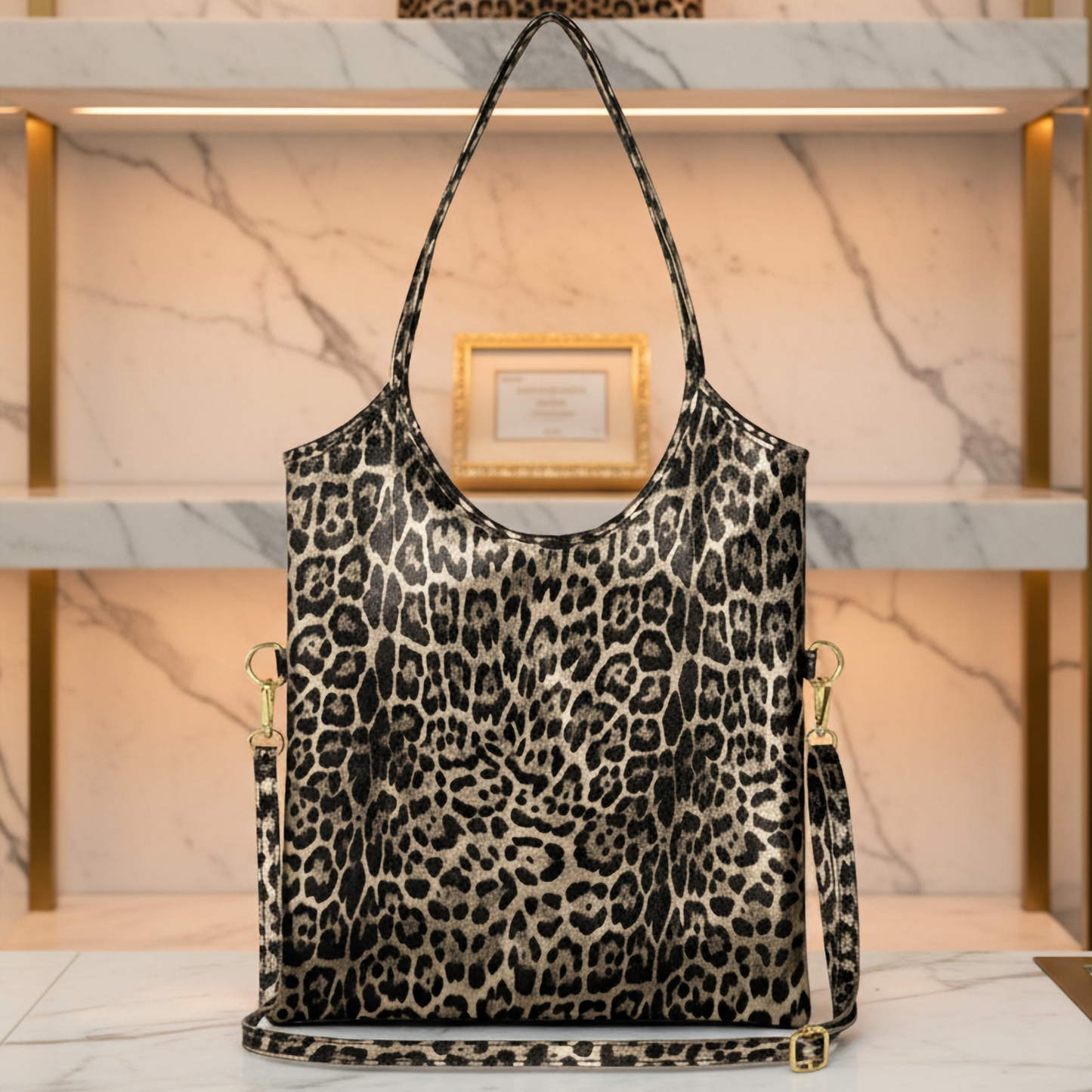 Italian Genuine Leopard-Print Metallic Suede Tote Bag 191722 TAKEASY