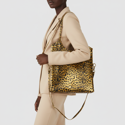 Italian Genuine Leopard-Print Metallic Suede Tote Bag 191722 TAKEASY
