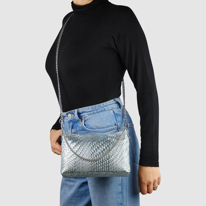 Italian Genuine Grid Metallic Suede Crossbody Bag 101315 TAKEASY