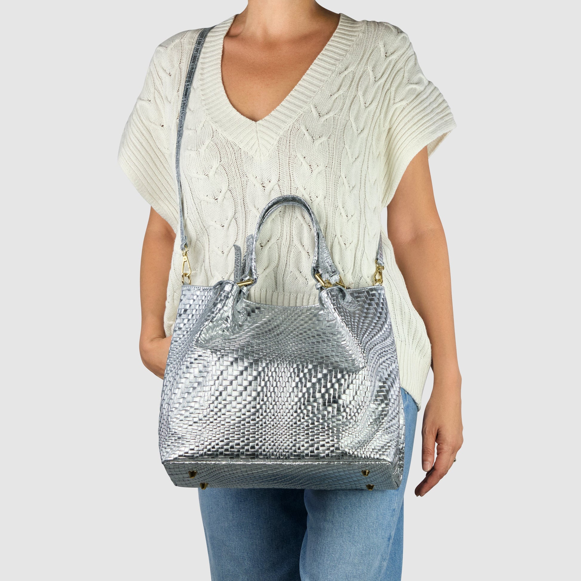 Italian Genuine Grid Metallic Suede Top-Handle Bag 112615 TAKEASY