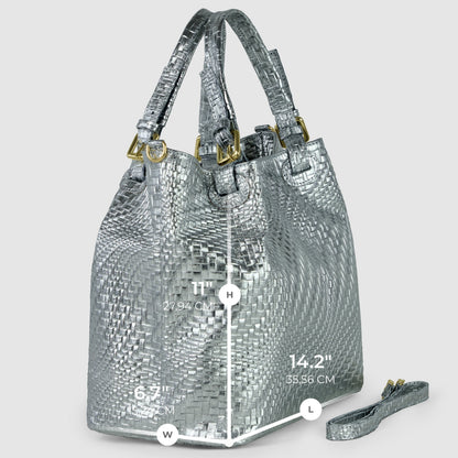 Italian Genuine Grid Metallic Suede Top-Handle Bag 112615 TAKEASY