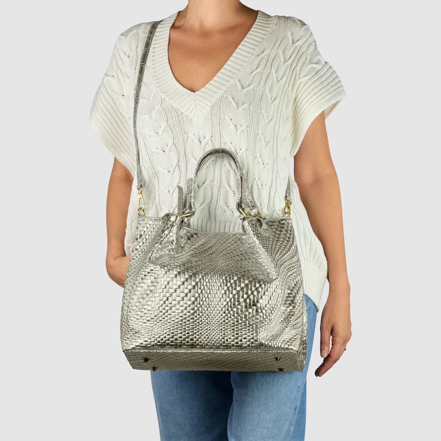 Italian Genuine Grid Metallic Suede Top-Handle Bag 112615 TAKEASY