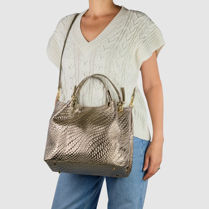 Italian Genuine Grid Metallic Suede Top-Handle Bag 112615 TAKEASY