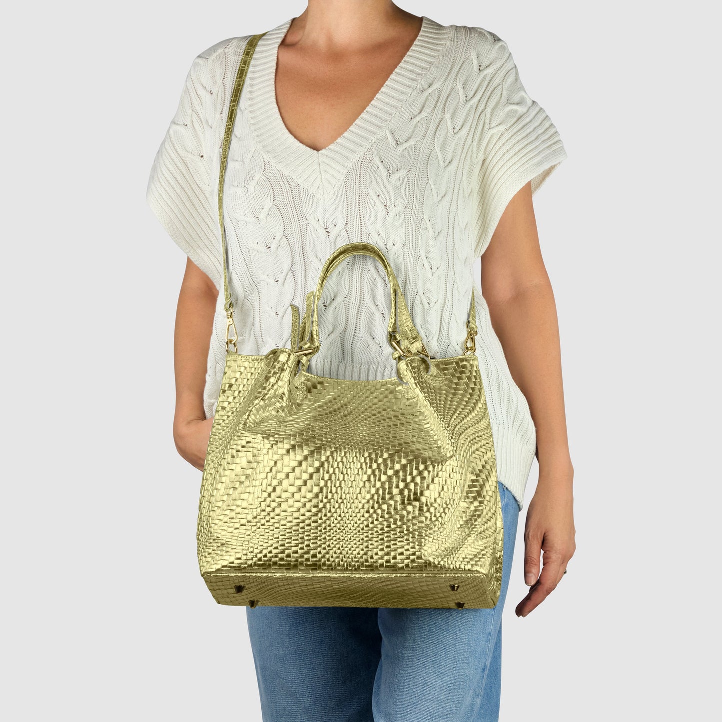 Italian Genuine Grid Metallic Suede Top-Handle Bag 112615 TAKEASY
