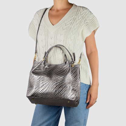 Italian Genuine Grid Metallic Suede Top-Handle Bag 112615 TAKEASY